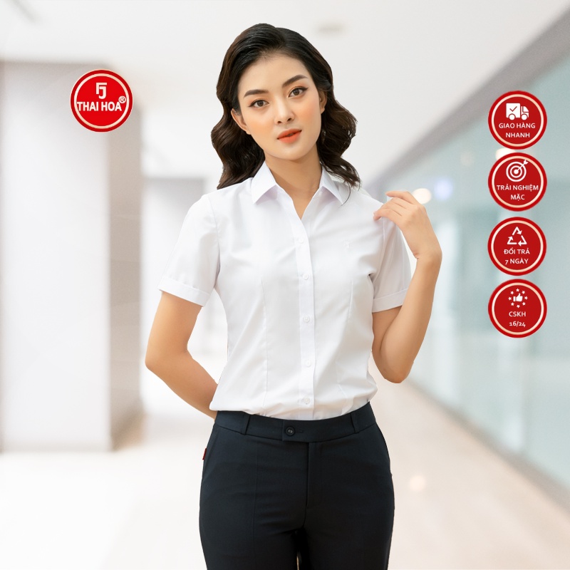 Áo sơ mi nữ Thái Hòa N2202-01-01 ngắn tay cotton công sở form đứng