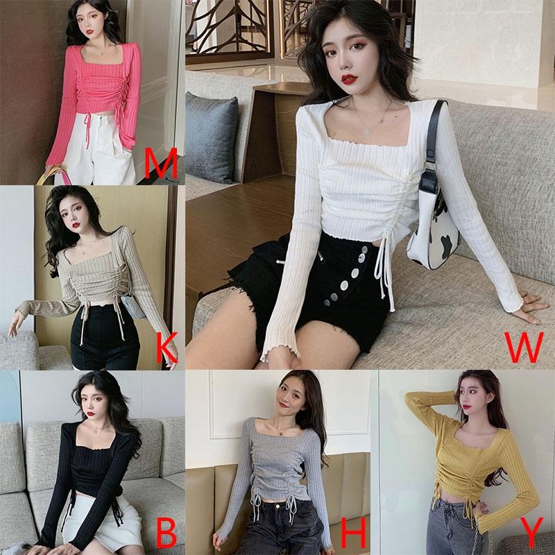 Korean Fashion Square Collar Solid Color Folds Long Sleeve Knitted Pullover T-Shirt