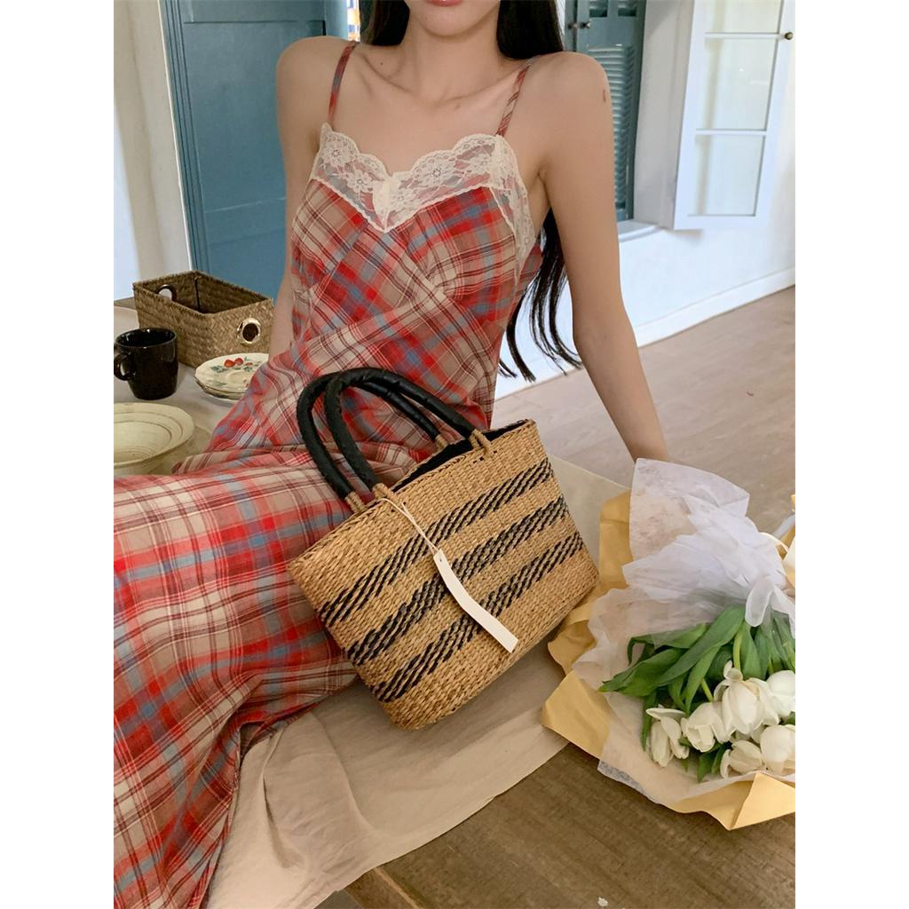 Đầm Dài Hai Dây Phối Ren Họa Tiết Sọc Caro Thời Trang Mùa Hè Cho Nữ