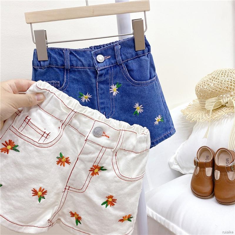 Quần Short Denim Lưng Thun Thêu Hoa Cúc Thời Trang Dành Cho Nữ