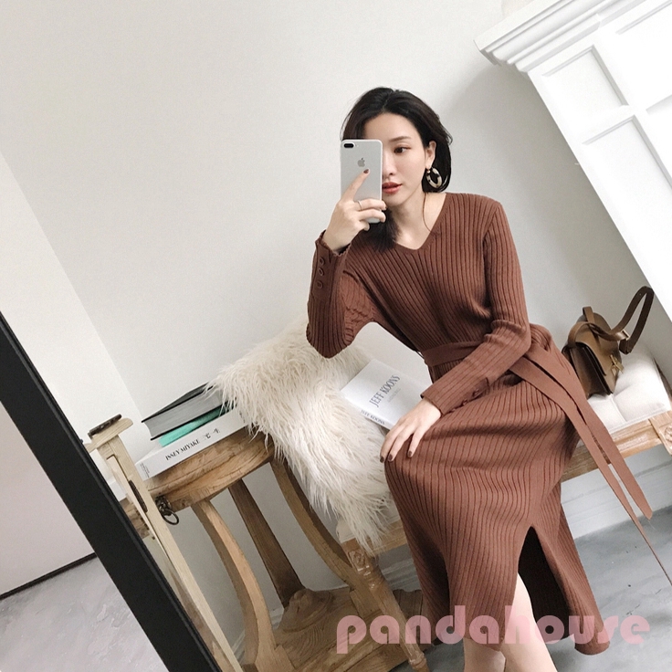 Women Dress Round Collar Knit Dress Autumn Slim Long Sleeve Mid-length Casual Sweater Belt Dress Wool Clothing