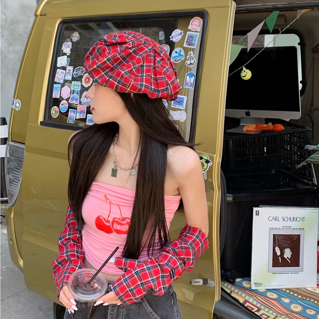 Style Congee Cocoa Mũ Beret Họa Tiết Sọc Caro Đỏ Đầu To Thời Trang Mùa Hè Cho Nữ