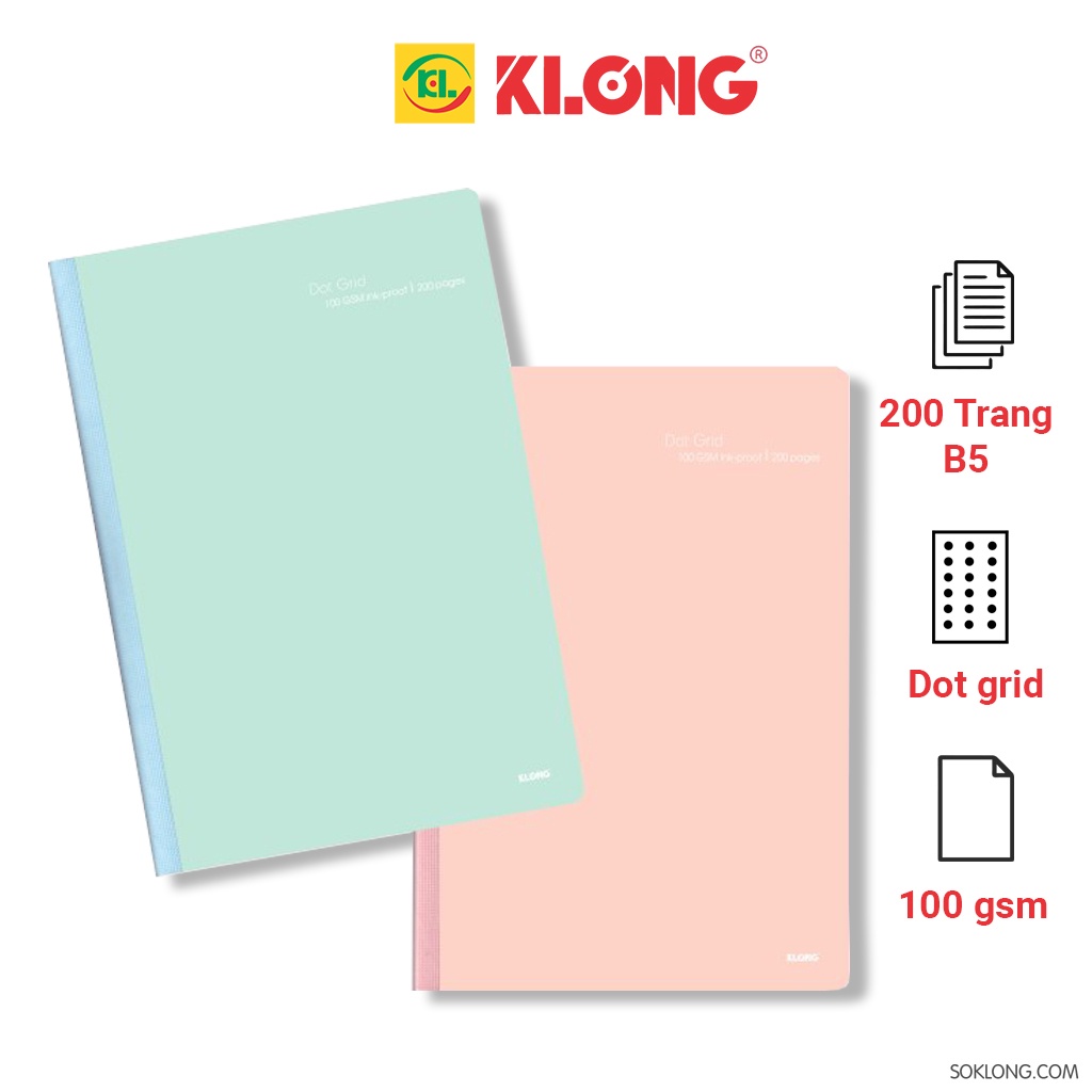 Vở may dán gáy bìa B5 Dotgrid 200 trang  Ms 839 Pastel, cuốn tập sổ Klong [Chọn Màu]