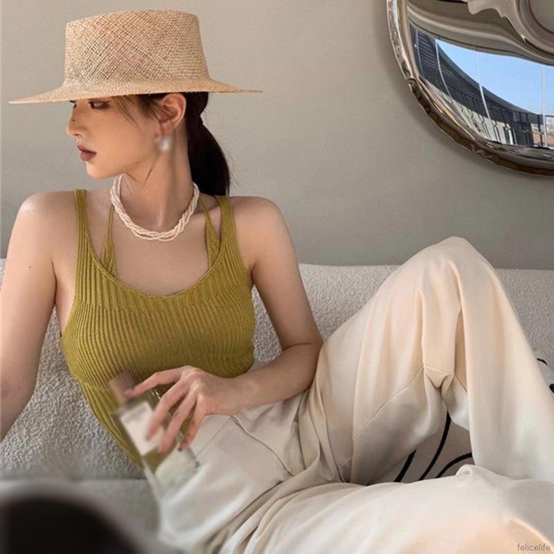 Áo Dệt Kim Hai Dây Màu Trơn Dáng Ôm Gợi Cảm Cho Nữ