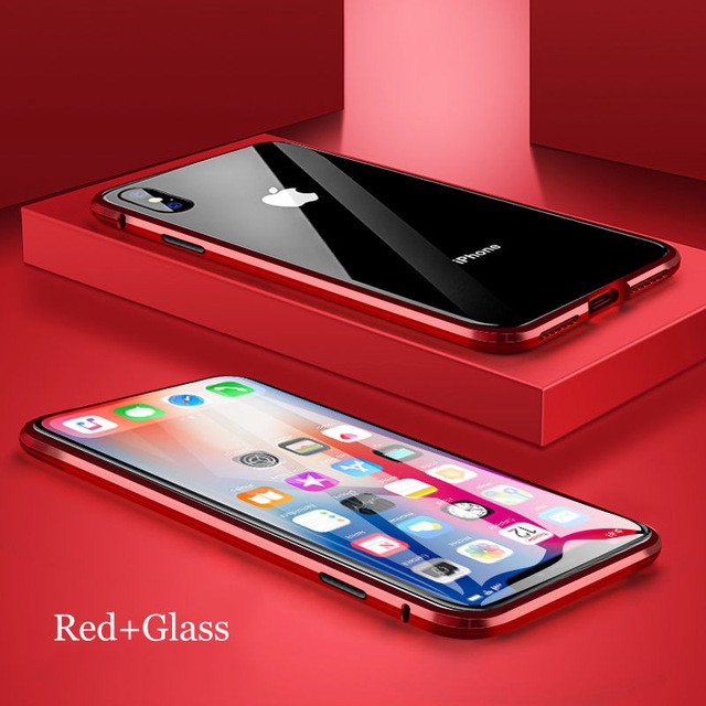 Ốp điện thoại mặt kính viền kim loại có nam châm 2 mặt bảo vệ toàn diện cho Iphone X / Xs / Xs Max / XR / 6 6s 7 8 Plus