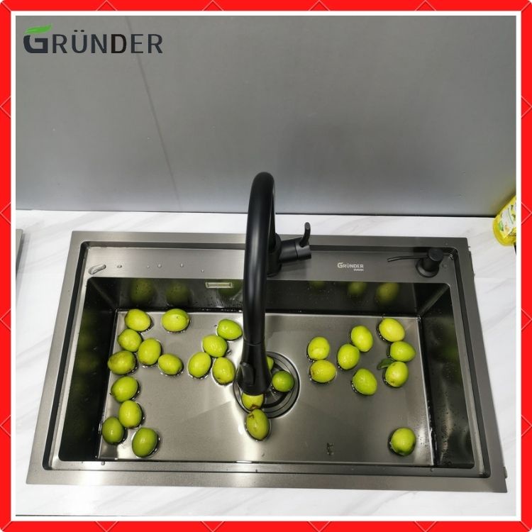 Chậu rửa bát 1 hố GRÜNDER HÀNG CHÍNH HÃNG CAO CẤP Bầu rác to đại 140mm thoát nước nhanh