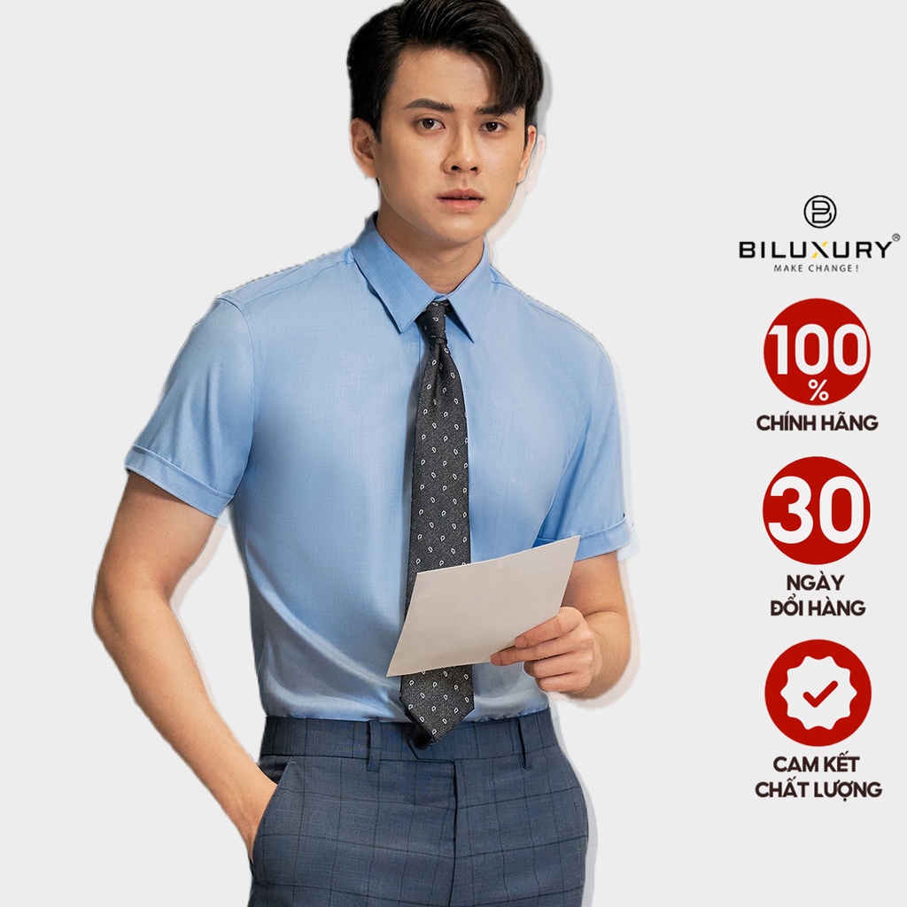 Áo sơ mi nam ngắn tay Biluxury vải sợi sồi cao cấp trơn basic cổ giấu nút lịch lãm 5SMCB013XAH