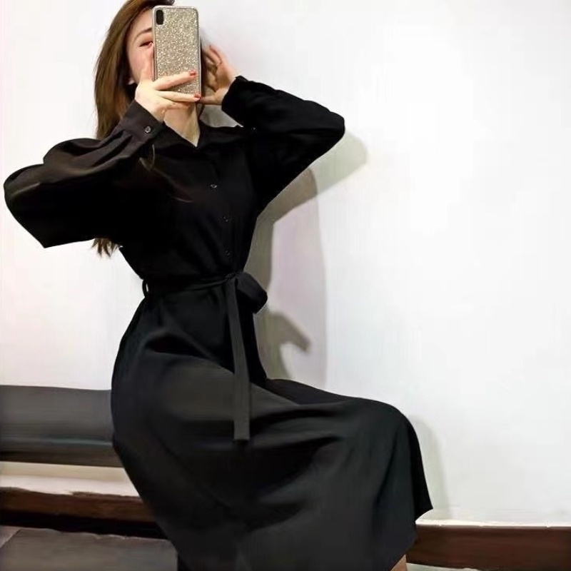 Đầm sơ mi Perty màu đen dáng ôm phong cách Hàn Quốc thời trang mùa thu cho nữ