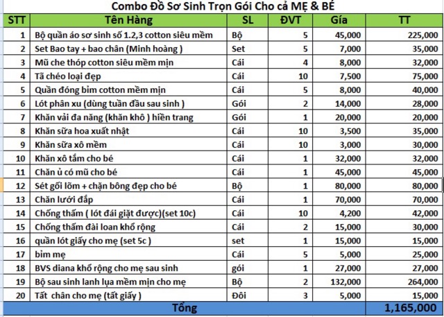 Combo đồ sơ sinh trọn gói cho mẹ & bé có đánh sách kèm theo