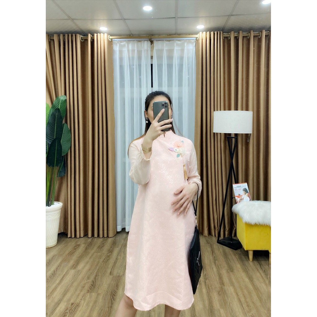 [Tết 2021] Váy cách tân bầu dáng suông chất gấm,đầm bầu công sở maternity dress