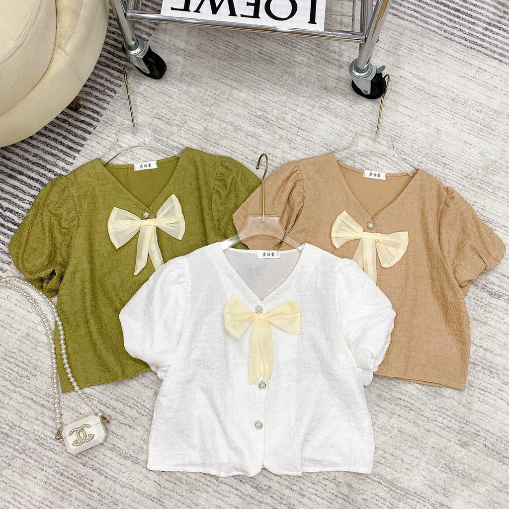 ÁO CROPTOP CỔ V KHUY NGỌC TAY BỒNG TIỂU THƯ, ÁO SƠ MI NỮ CHẤT XỐP NGẮN TAY KÈM NƠ