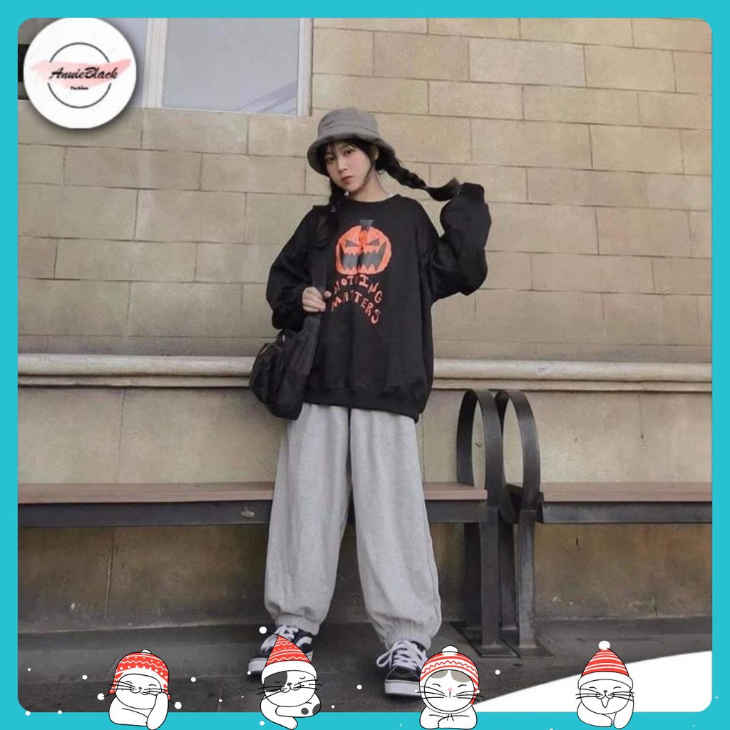 Bộ Nỉ Bông Bí Ngô Unisex 🦋 Set Nỉ Ngoại Áo Thun Dài Tay Kèm Quần Jogger Xám 🦋 AB