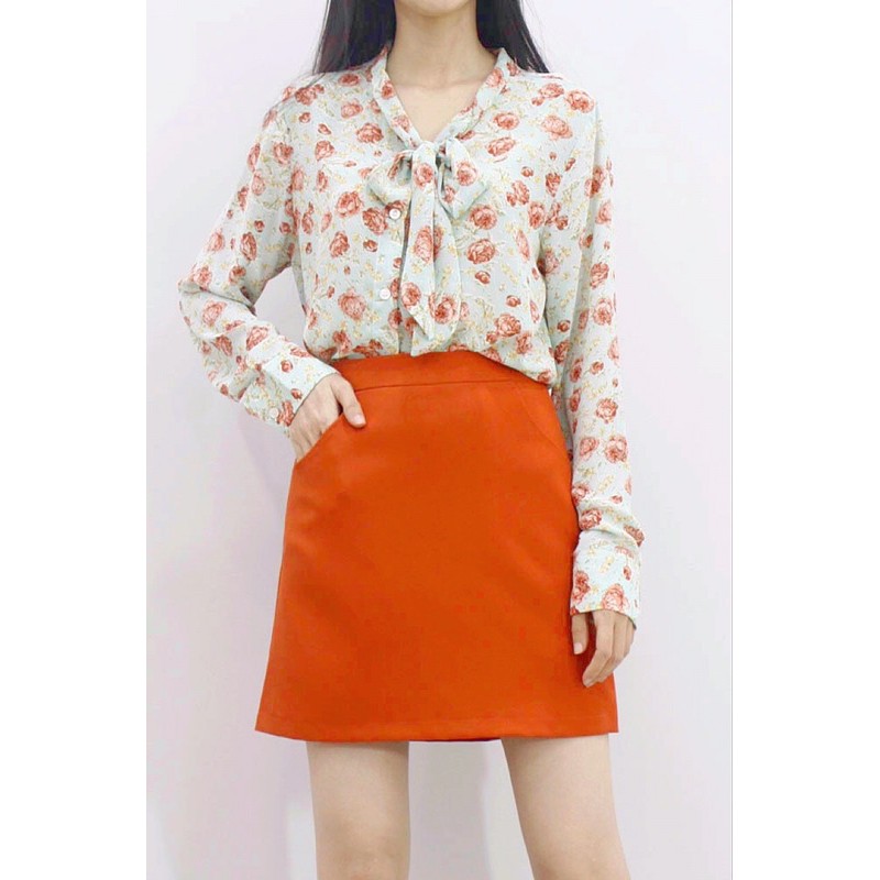 [Mã FATHANG5 giảm 10K đơn 50K] [Hình thật tự chụp] Sơ mi tay dài cổ nơ họa tiết Meow Boutique