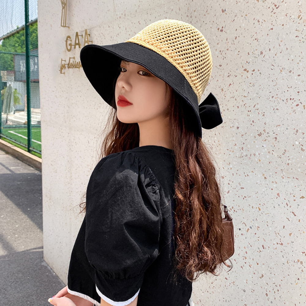 Mũ rộng vành chống tia uv đính nơ có thể gấp gọn tiện dụng thời trang đi biển cho nữ