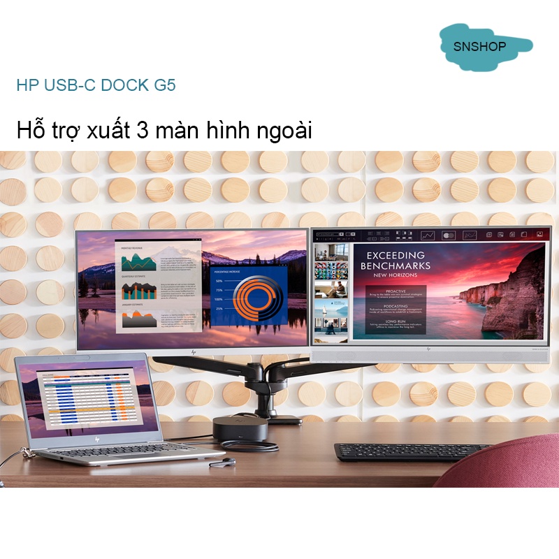 Hub HP Usb-C Dock G5-Xuất 3 Màn Hình 4k Ngoài Riêng Biệt, Thêm Cổng Kết Nối Cho Laptop Window, Chrome, M.ac