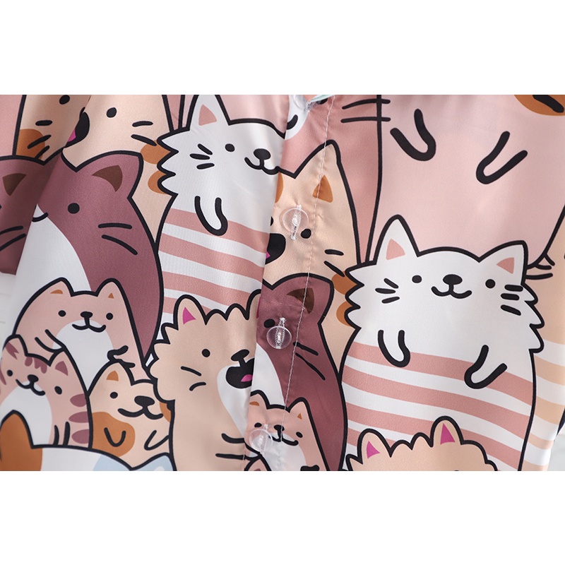 Set Áo Thun Tay Ngắn In Hình Mèo Hoạt Hình + Quần Short Cotton Thời Trang Mùa Hè Cho Bé Size 80-120cm