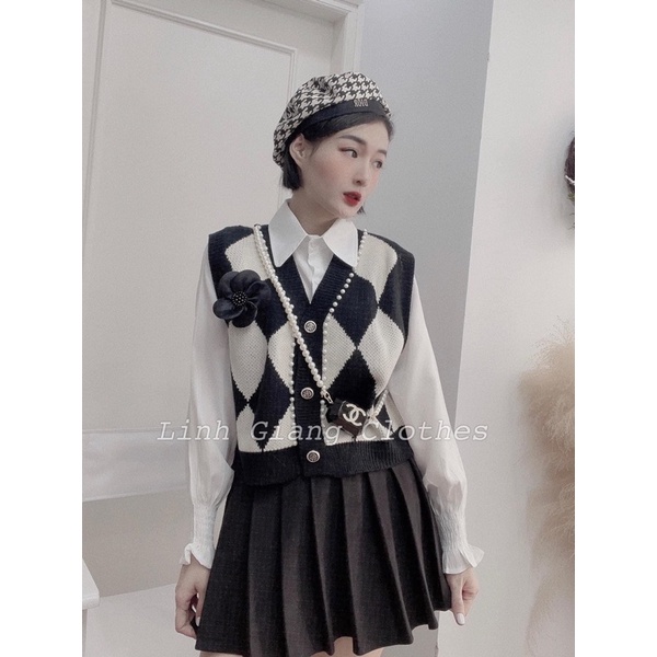 Set Áo Sơ Mi Phối Gile Quả Trám Chân Váy Xoè Cực Tiểu Thư Vintage
