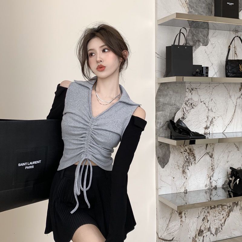 Áo Thun Dài Tay Trễ Vai Cổ Chữ V Eo Cao Phối Dây Rút JL-TX-527