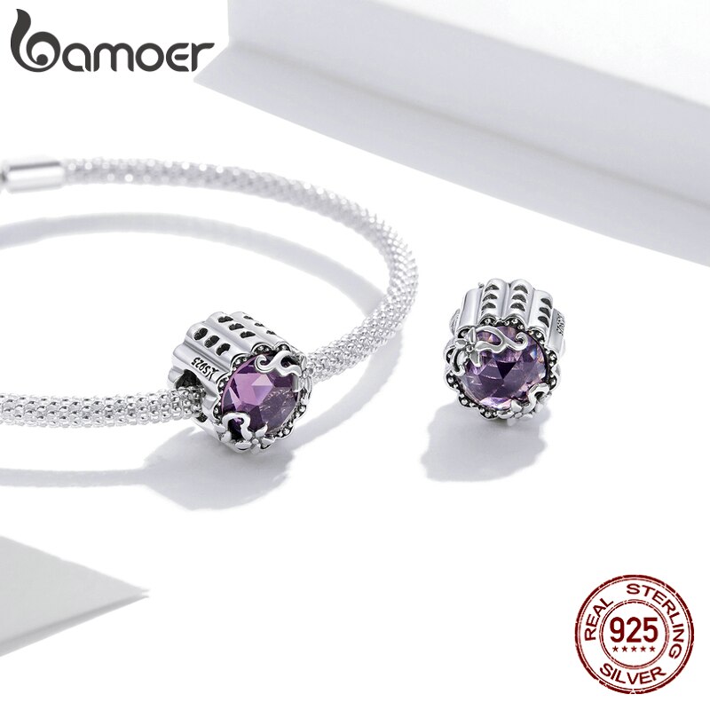Hạt Trang Sức Bamoer SCC1796 Bạc Sterling 925 Đính Đá Hình Hoa Màu Tím Sang Trọng