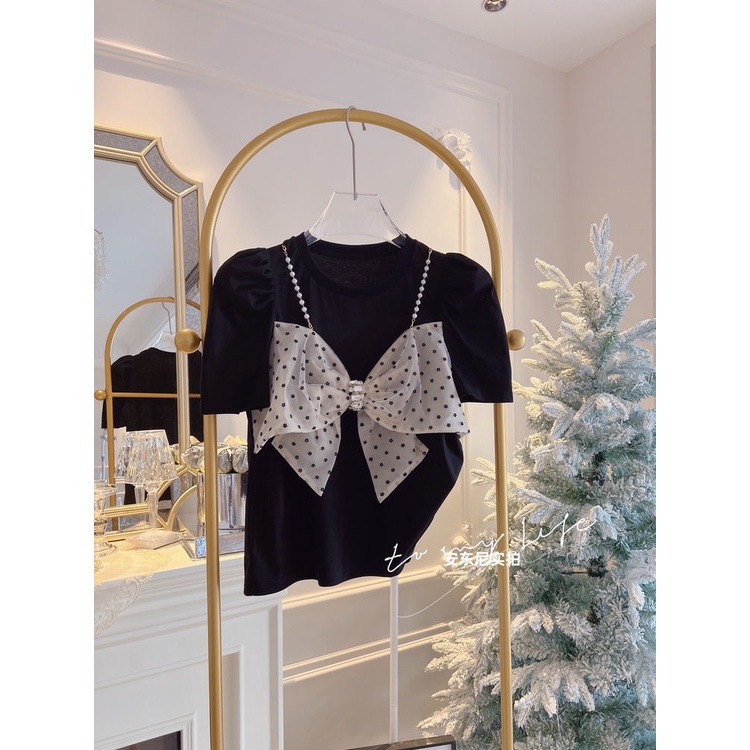 Áo Thun Tay Ngắn Dáng Rộng Màu Đen Đính Hạt Thời Trang Mùa Hè Cho Nữ