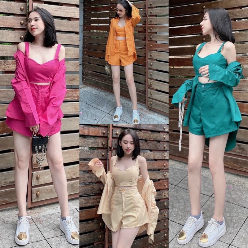 Set kaki 3 món áo croptop 2 dây + khoác sơmi + quần short ngắn kem/xanh/cam/hồng, thời trang năng động đi chơi dạo phố
