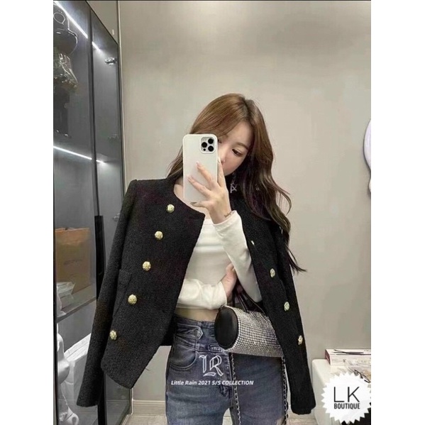 Áo khoác dạ tweed nữ cổ tròn 2 lớp trẻ trung