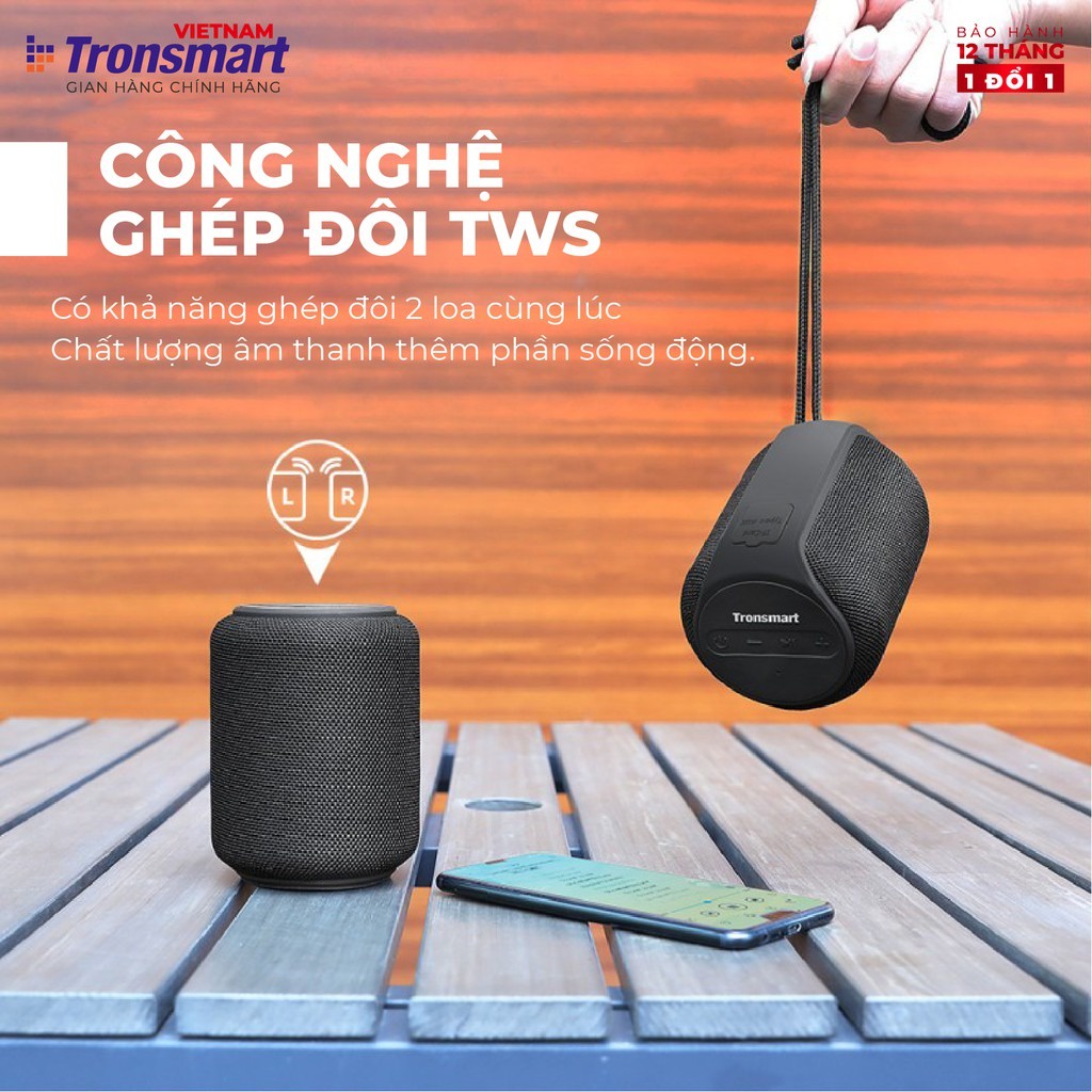 Loa Bluetooth Tronsmart Element T6 Mini 15W, Chống nước IPX6, công nghệ TWS ghép đôi 2 loa - Chính Hãng