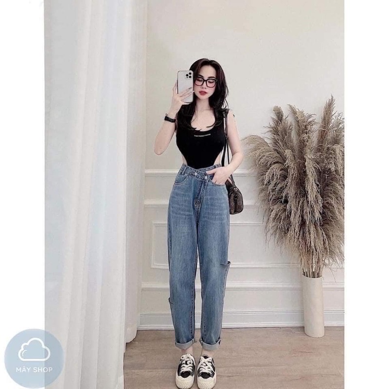 Quần baggy bò rách cạp chéo
