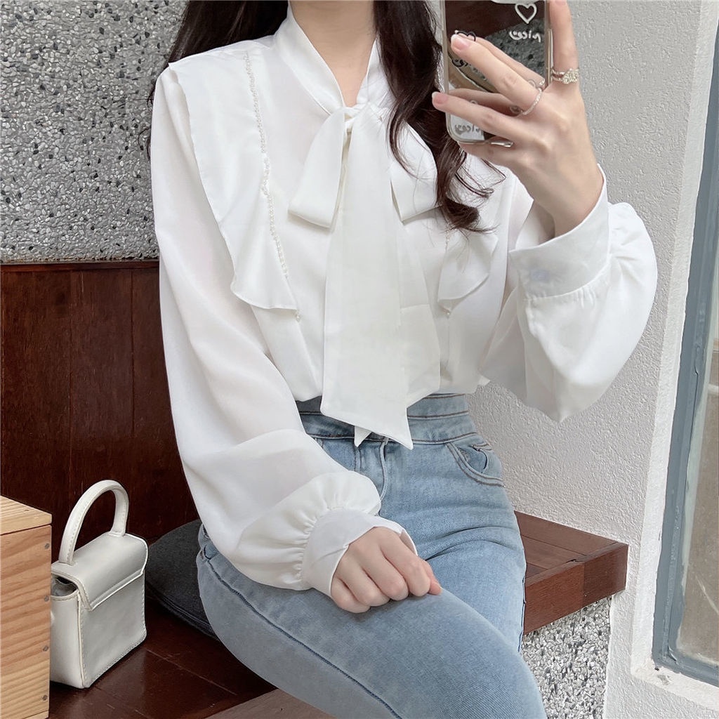 Áo Sơ Mi Trắng Đính Nơ Phong Cách Phương Tây Cho Nữ