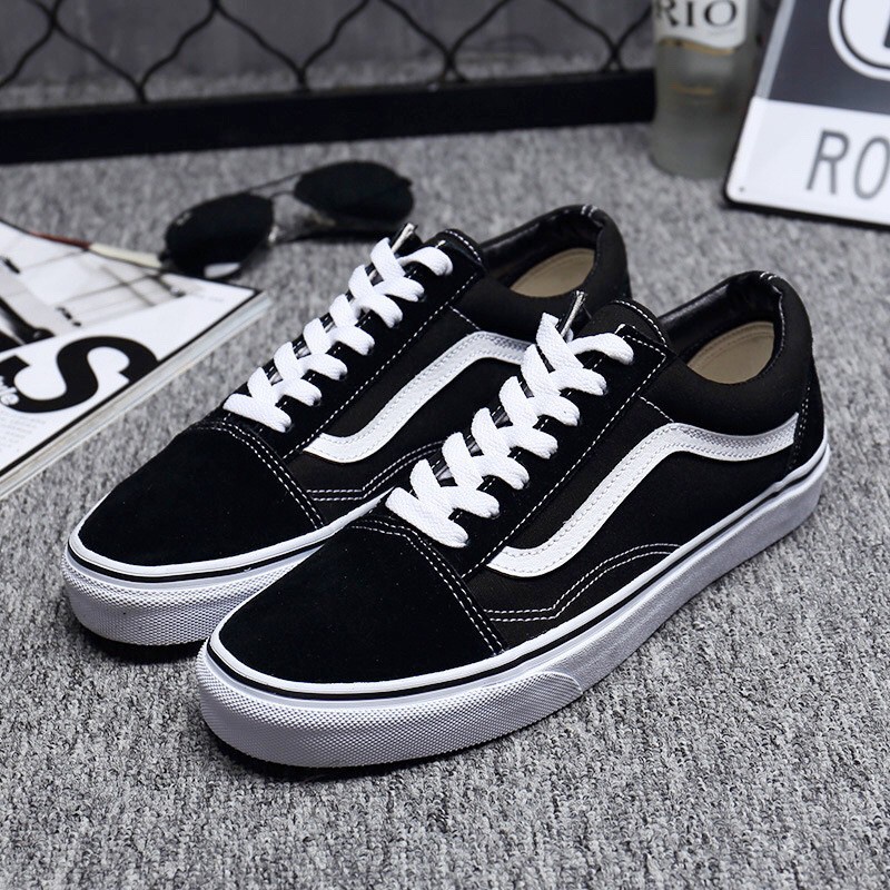 Giày Vans thể thao nam nữ - Giày Sneaker cao cấp full bill box màu đen kẻ trắng nhung nỉ đế đúc chắc chắn, sành điệu D14