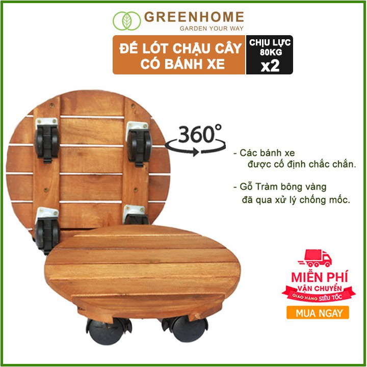 Bộ 2 Đế lót chậu cây có bánh xe, hình tròn, màu nâu, bằng gỗ, chịu lực 80kg, R30xC8cm |Greenhome