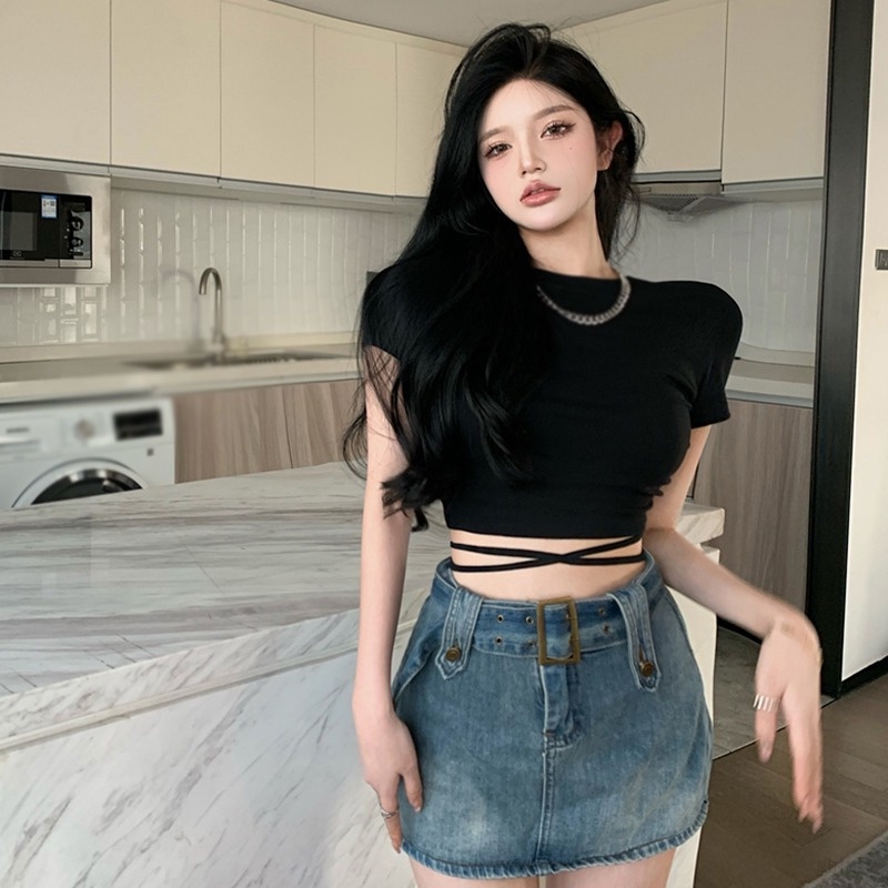 Áo Thun Lửng Tay Ngắn Cổ Tròn Hở Lưng Màu Sắc Trơn Phong Cách Hàn Quốc Quyến Rũ Dành Cho Nữ