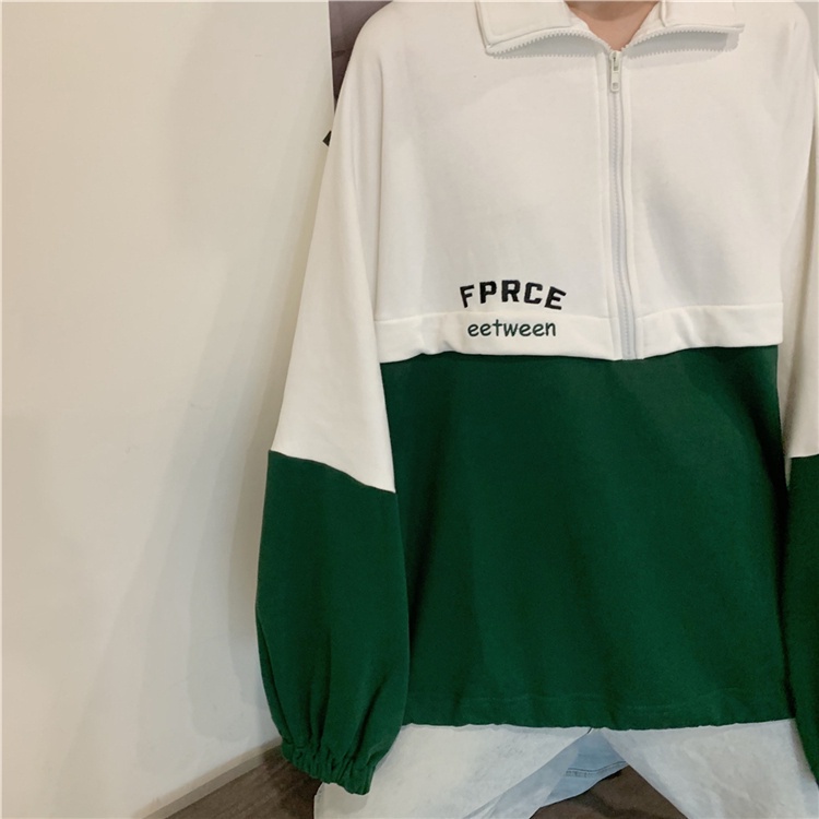 Áo nỉ tay dài cổ đứng phối khóa kéo thêu chữ phong cách retro thời trang Hàn Quốc