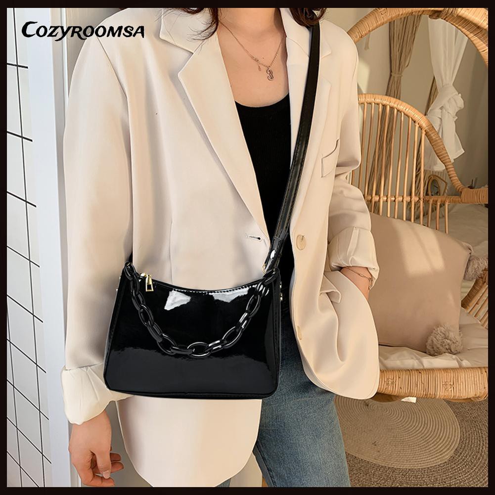 Solid Bright Leather Small Handbag Fashion Women Underarm Bag Shoulder Tote