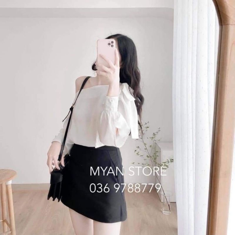 Áo sơmi lệch vai thắt nơ tay bồng