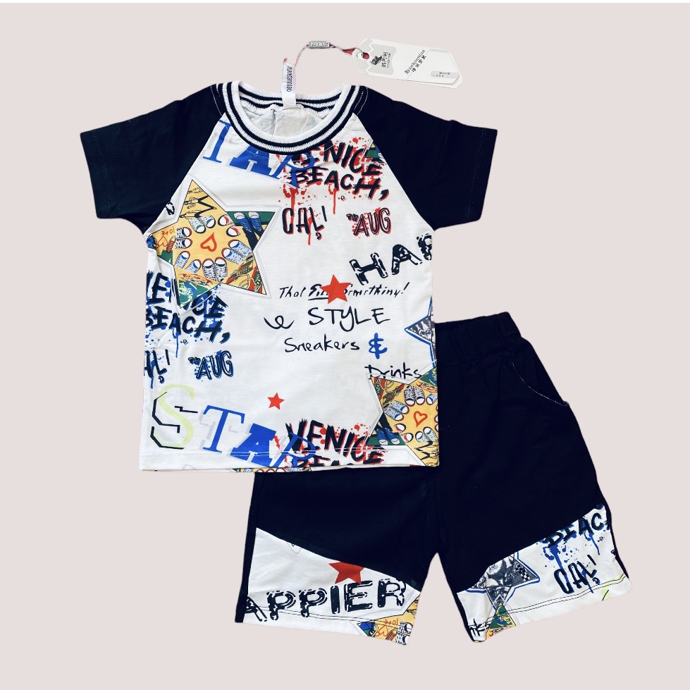 Bộ thun cotton bé trai phối quần túi cực dễ thương