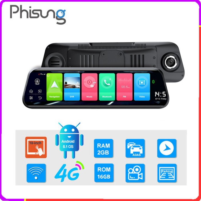 Sản Phẩm Camera hành trình gắn gương ô tô thương hiệu cao cấp Phisung 4G, Wifi, 10 inch, dẫn đường Navitel, Google map -