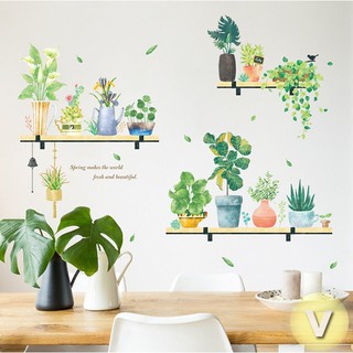 Decal dán tường 3 hàng chậu cây cảnh