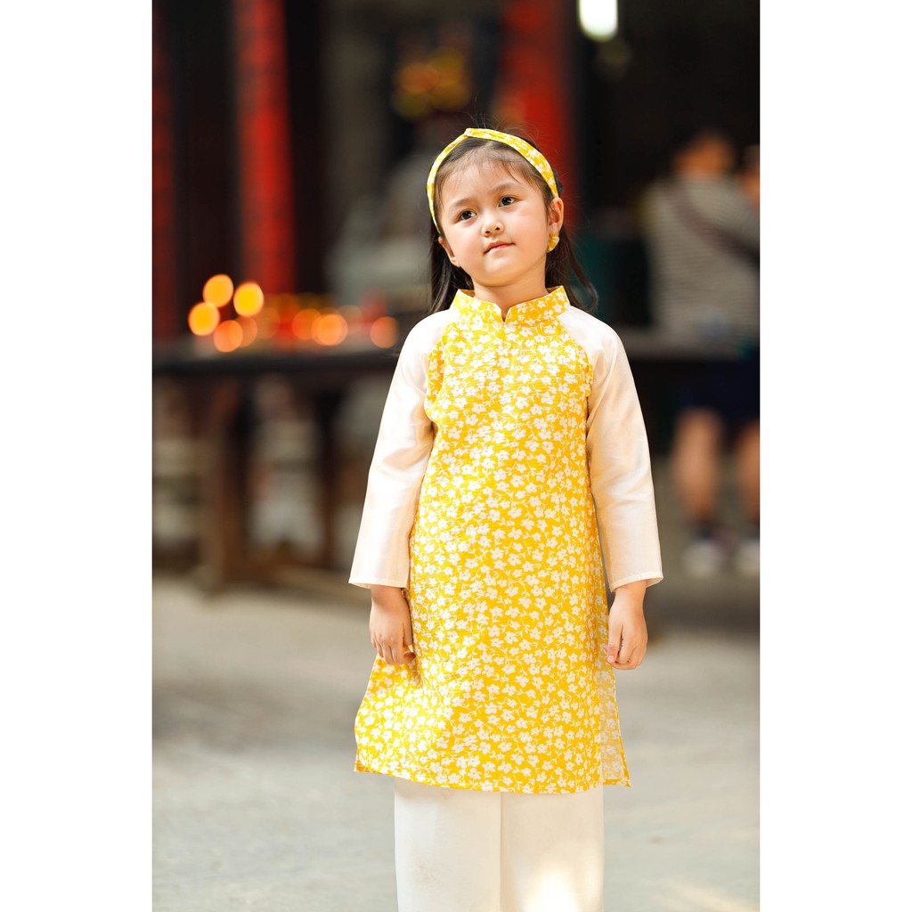 Áo Dài Cho Bé Gái BYZU Áo Dài Cách Tân Hoa Mai Nhí Phối Tay (CHƯA CÓ QUẦN)
