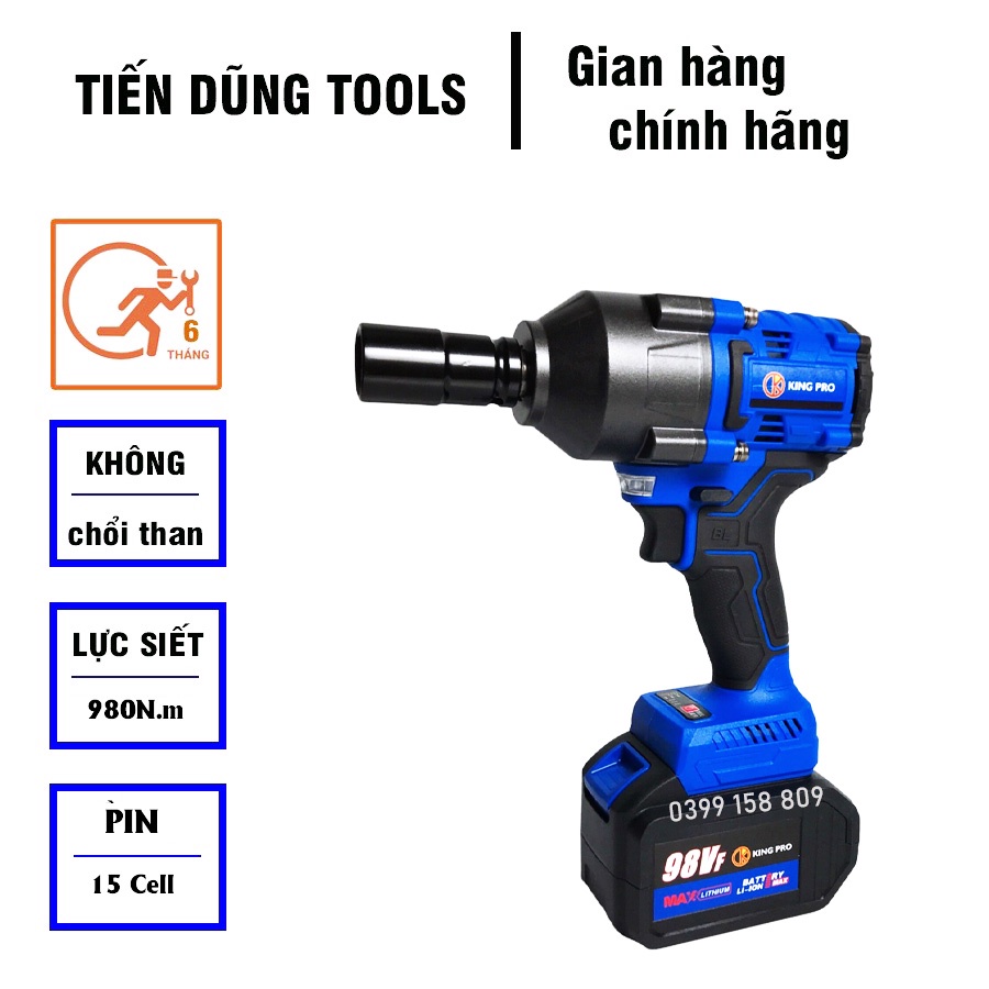 Máy Siết Bulong KingPro 98VF, Lực Siết 980Nm Cực Khỏe Kèm 2 Pin 15 Cell