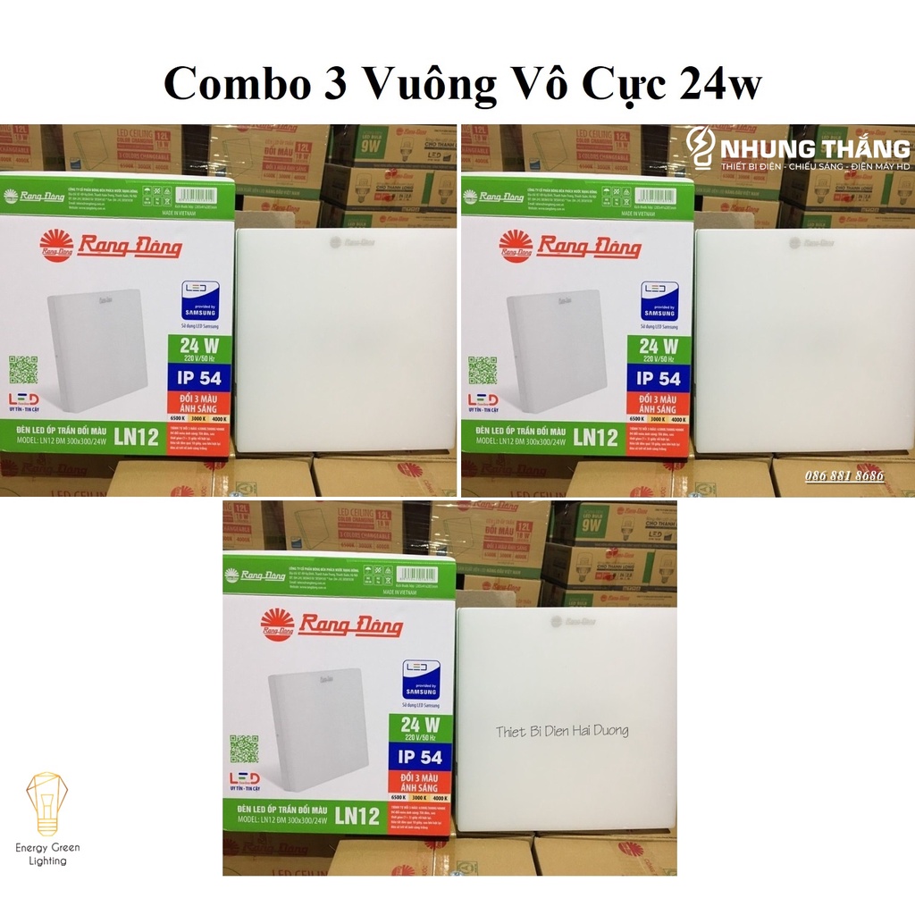 Combo Bộ 3  Đèn LED ốp trần Tròn/Vuông 24w Đổi Màu Vô cực tràn viền Rạng Đông - Bảo hành 24 tháng