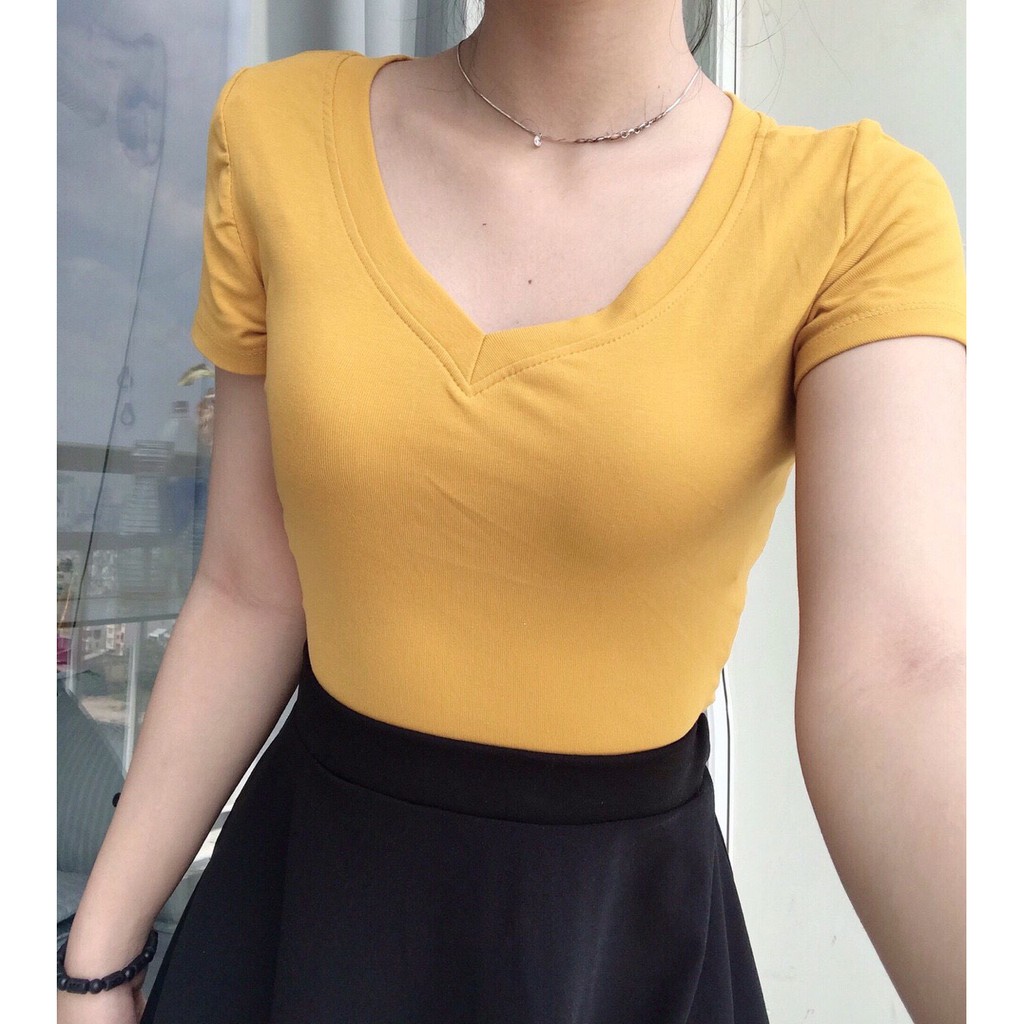 Áo thun nữ cổ tim tối giãn  JOY BABE sớ vải xịn co giãn 4 chiều Forever 21, tay ngắn trắng đen ôm body trơn ATON 2 -3D