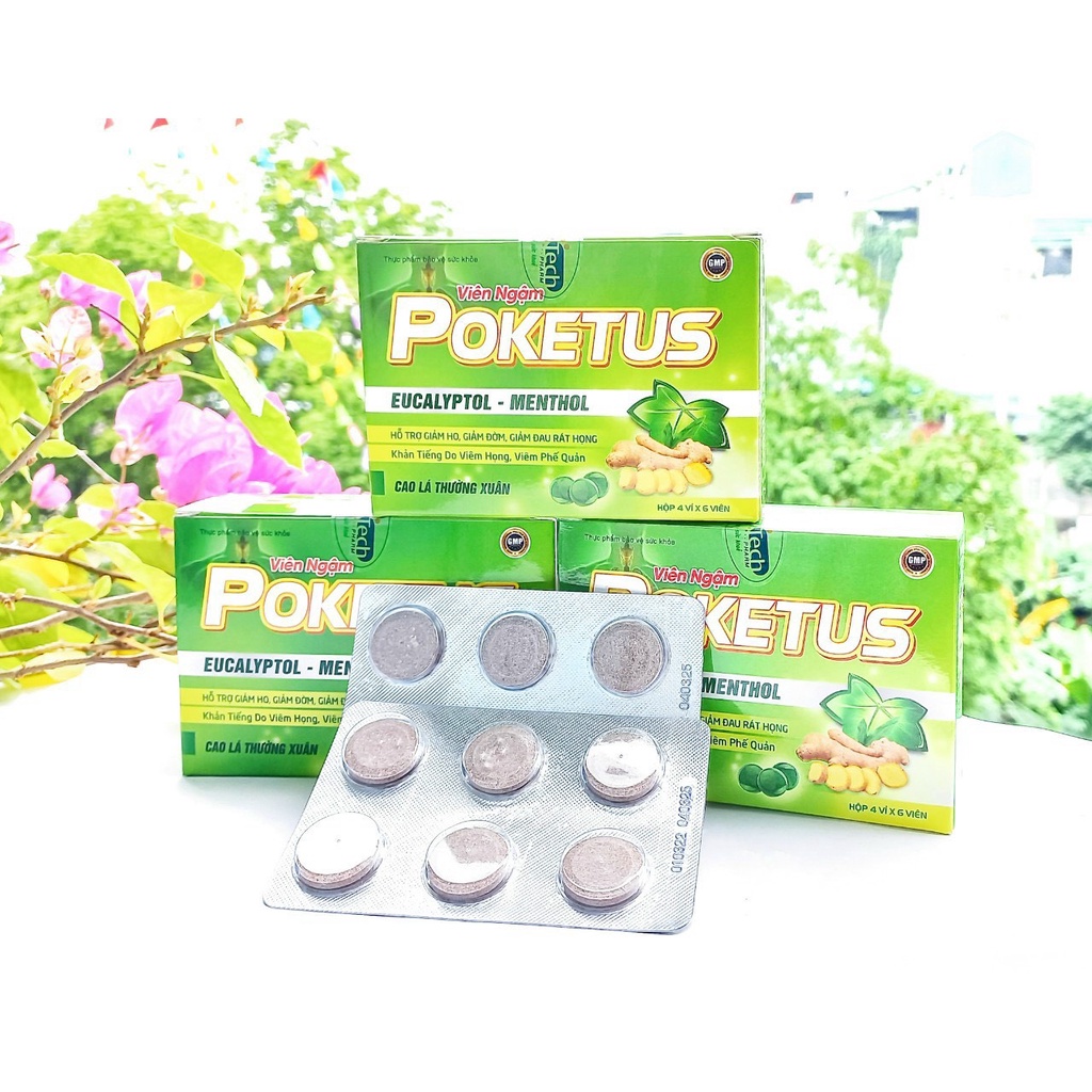 Viên ngậm Poketus hộp 24 viên giúp giảm ho, đau rát họng, khản tiếng hiệu quả