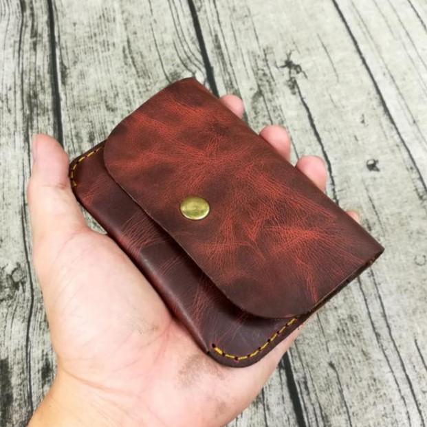 Bóp ví nam, Ví đựng thẻ, giấy tờ mini đựng thẻ da bò handmade màu đỏ lửa