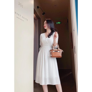 ĐẦM MIDI TRẮNG CỔ V BO EO NƠ LƯNG