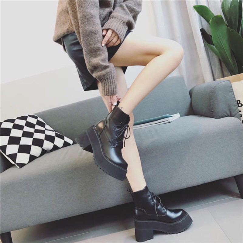 YAS0569-Giày da đen cao cổ đế cao