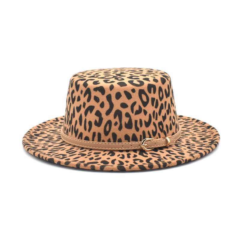 Leopard Print Woolen Hat Autumn and Winter New Jazz Flat-Top Cap Panama Hat bai da mao