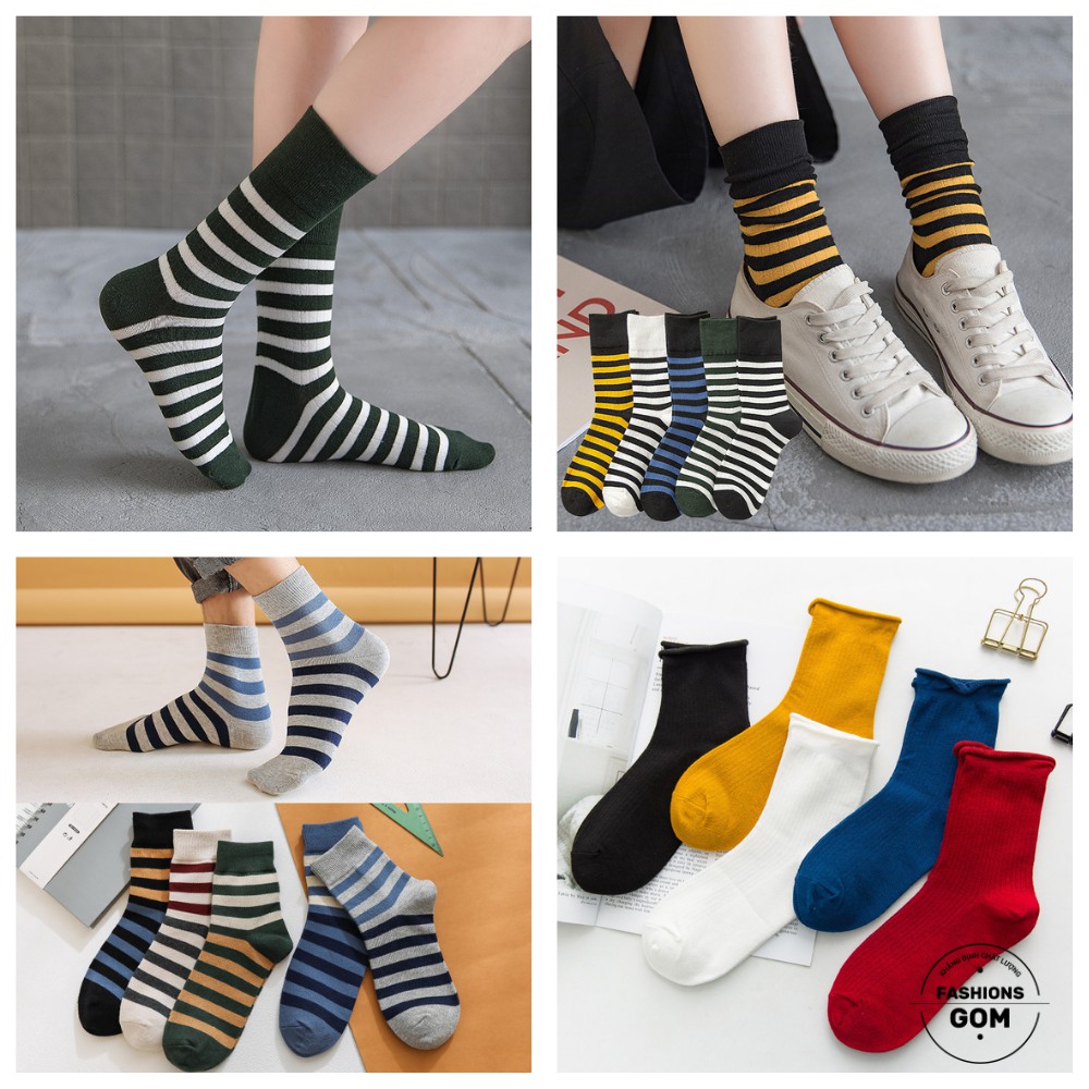 [SET 5 ĐÔI] Vớ Nữ Cổ Cao Cao Cấp Họa Tiết Sọc Ngang, Tất Nữ Cotton mềm mịn thoáng mát khử mùi