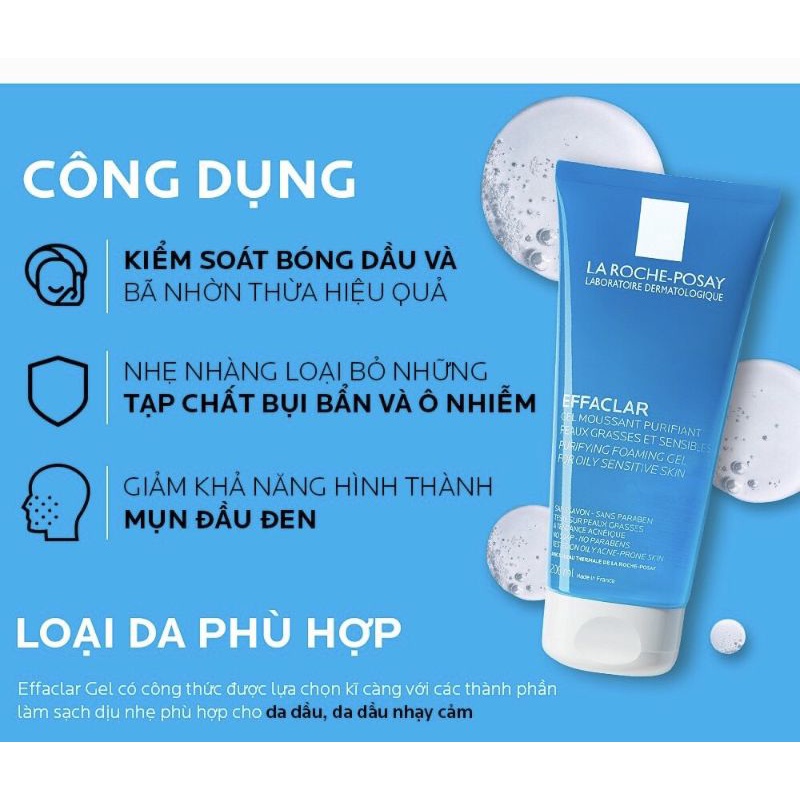 Gel rửa mặt cho da dầu nhạy cảm La Roche-Posay Effaclar Purifying Foaming Gel 200ml