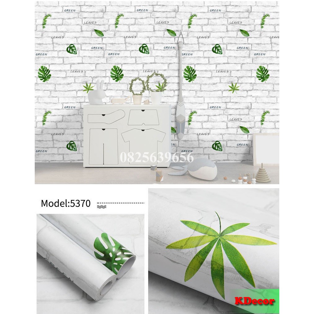 [Hàng Đẹp] Giấy dán tường Lá xanh tường gạch trắng dài 10m, rộng 45cm có sẵn keo